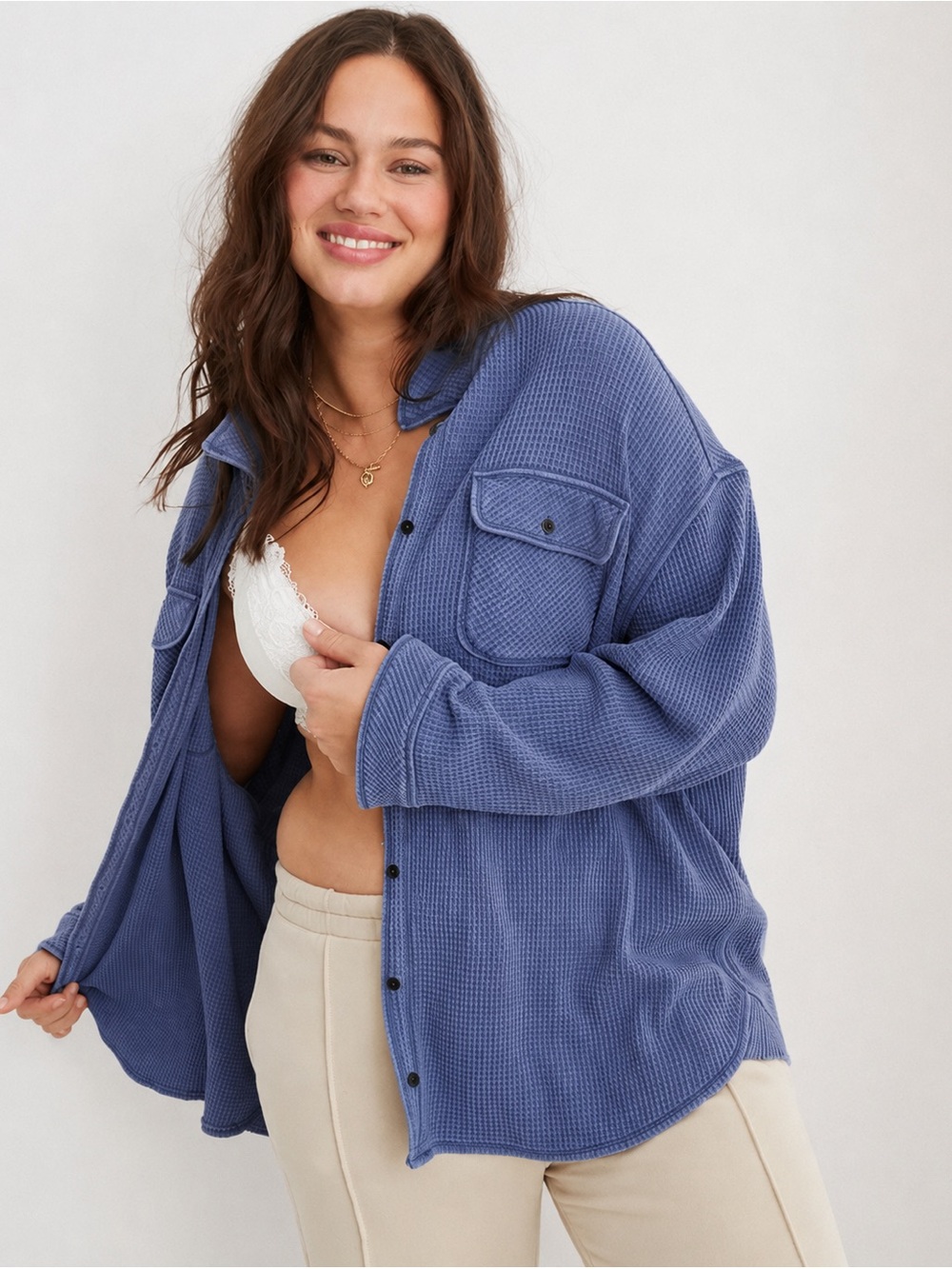 AERIE Lumber Jane Blue Waffle Button-Down Shirt Jacket American Eagle Small EUC
